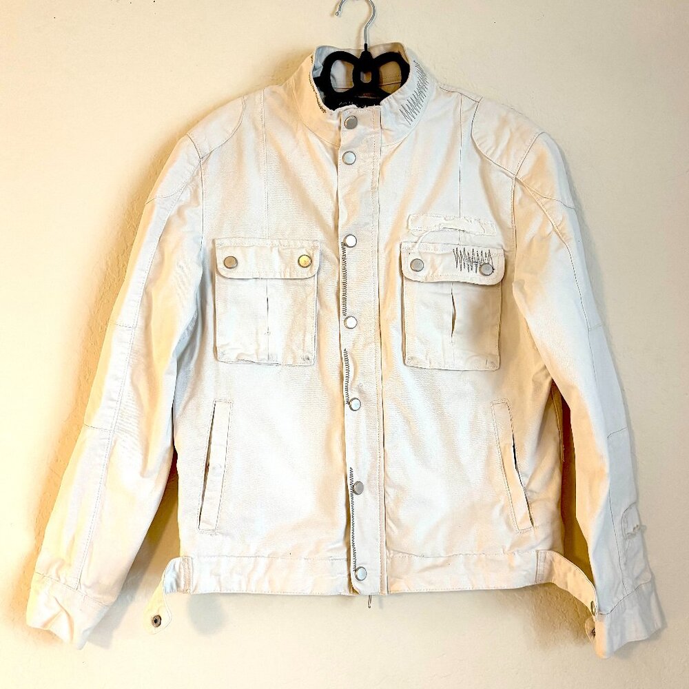 Zara Man Off-White Denim Distressed Biker Jacket (Large)